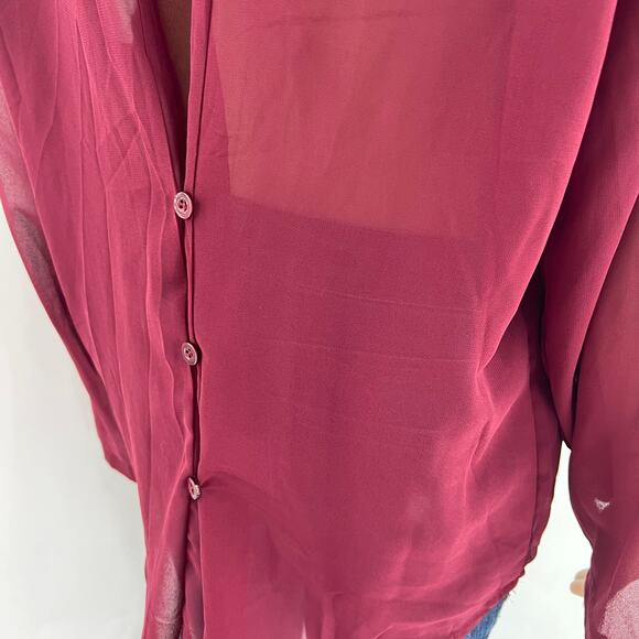 Shein (L) Burgundy Red Sheer Button Back RollTab Long Sleeve Blouse Top - Picture 6 of 10